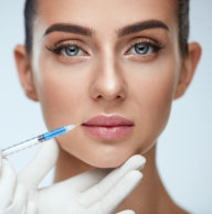 Plastic Surgery. Closeup Of Doctor Hands Doing Beauty Hyaluronic Lip Injection For Sexy Girl Lips. Portrait Of Beautiful Young Woman Getting Cosmetic Treatment Indoors. Skin Procedure. High Resolution
